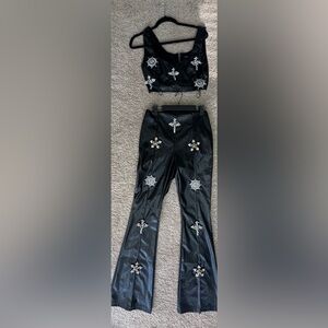 Fashion Nova Faux Leather Rhinestone Crop Top & Flare Pants Set | Black | M